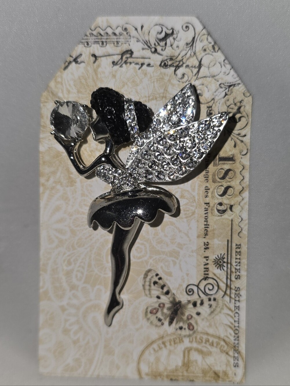 Crystal Fairy Brooch Pin - Silver and Clear Rhinestones